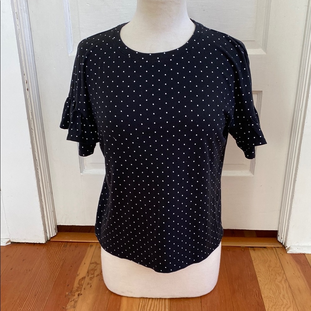 14th & Union Ruffled Short Sleeve Black White Polka Dot Women's Knit‎ Top Medium